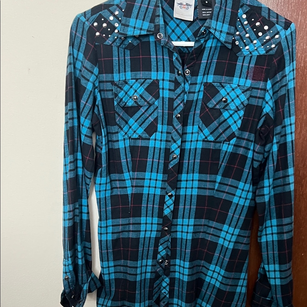 Blue Plaid Studded Button-Up Shirt